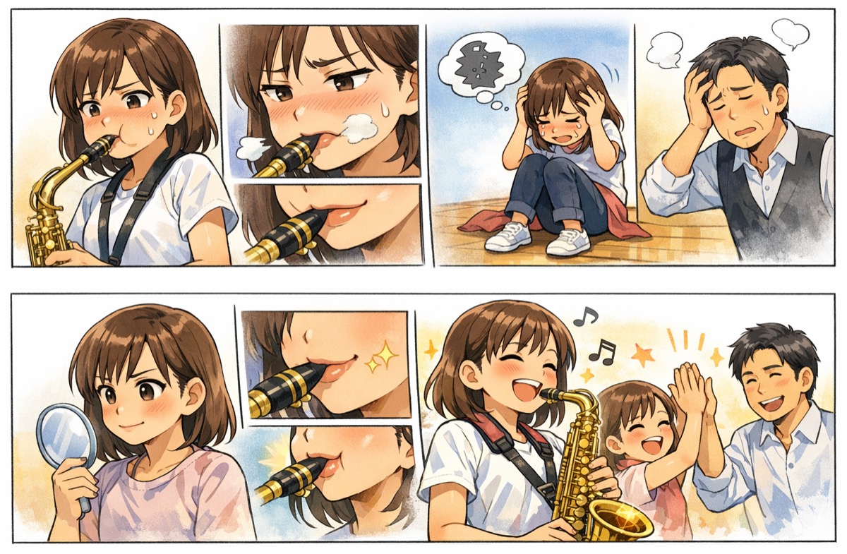 サックスのアンブシュアで息漏れが起きる原因と今すぐ直せる改善策｜口角・下唇の正しい締め方